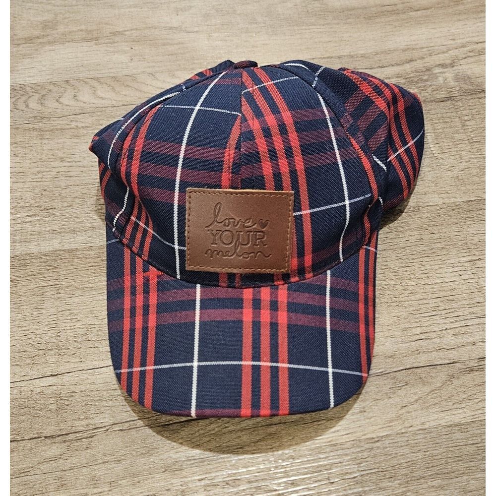 Love Your Melon Cap Hat Red, Navy Blue, White Plaid Leather Patch Adjustable USA